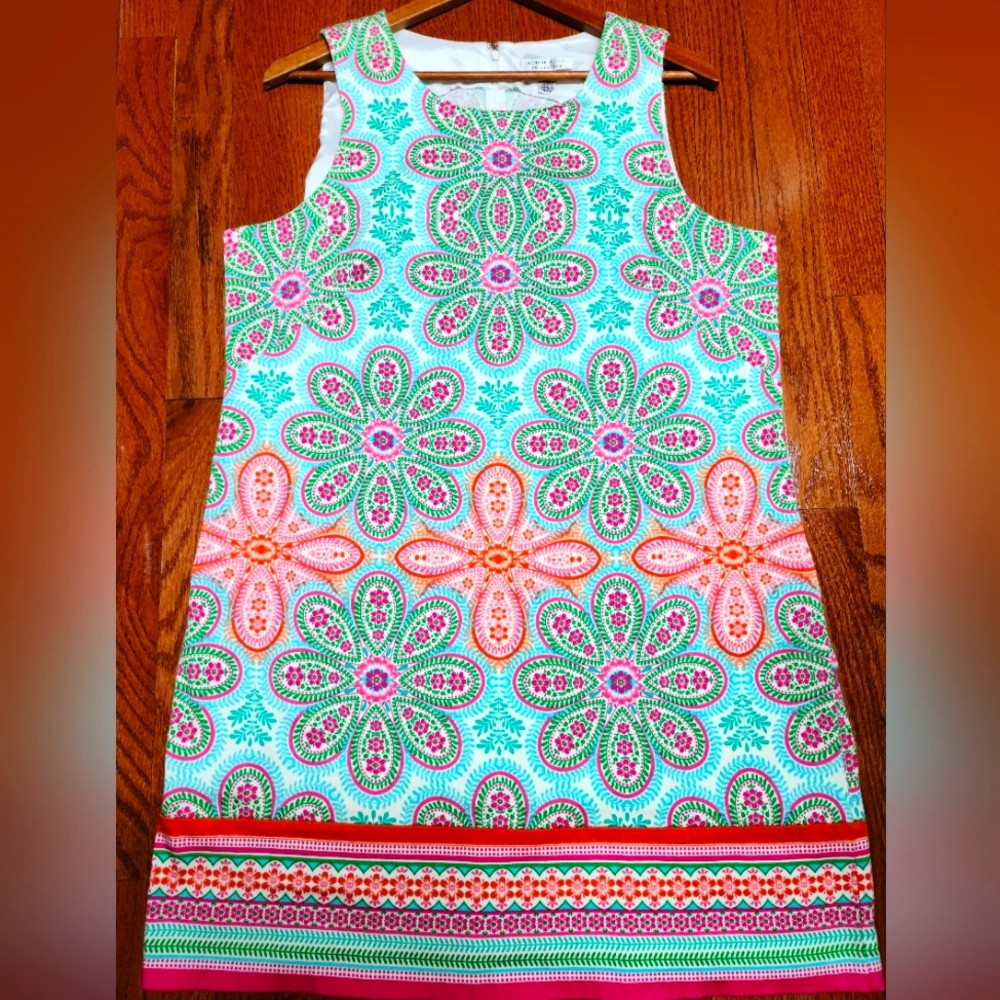 LONDON STYLE COLLECTION Sz 18 Turquoise Orange & Green Paisley Design Dress